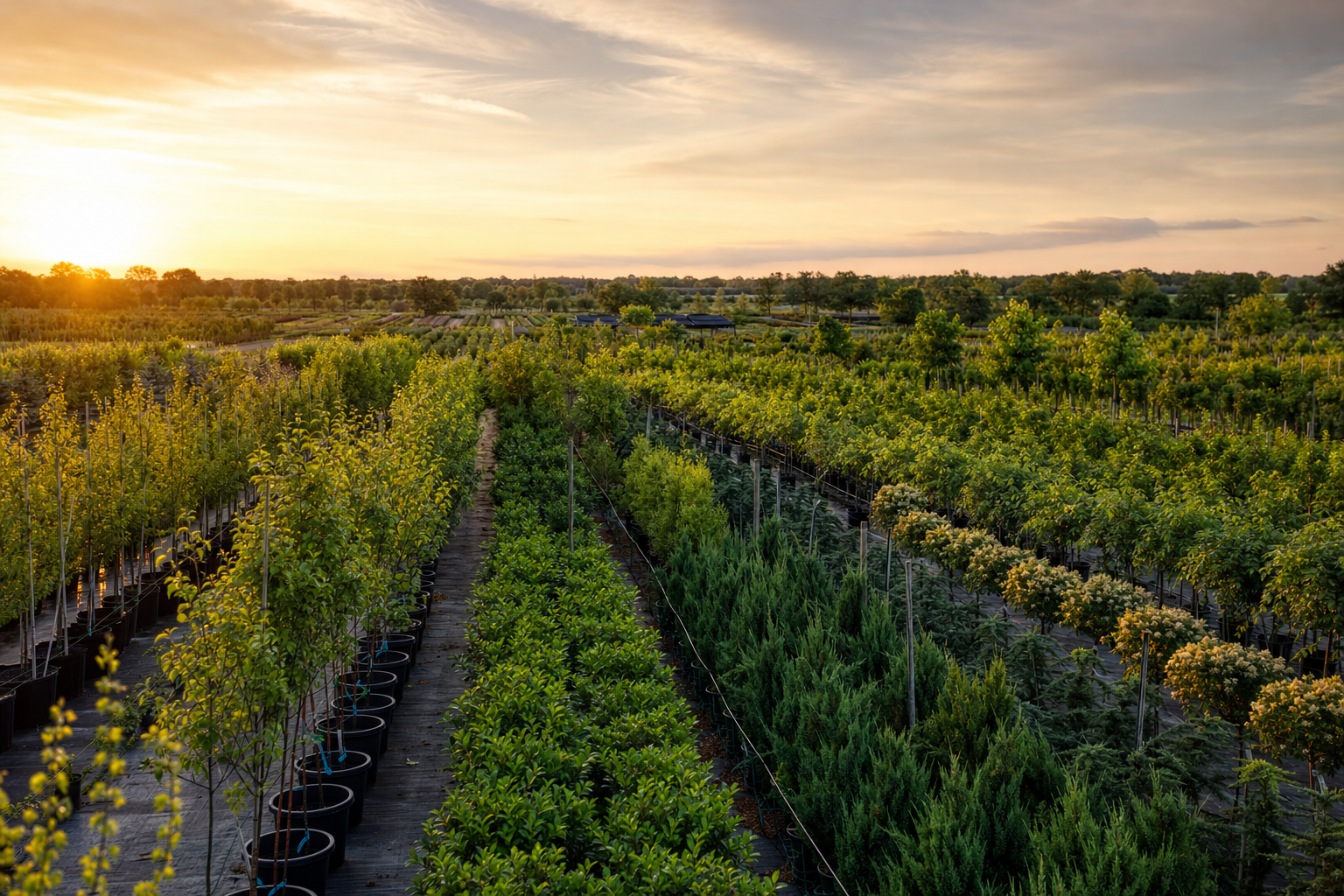 Rows of trees and plants at Lonestar Wholesale Nursery at golden hour